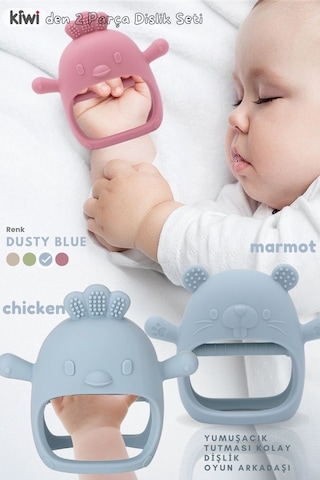 Kiwi 2 İn 1 Chicken - Marmot Tutması Kolay  Diş Kaşıyıcı Seti Alman Tasarım Dusty Blue