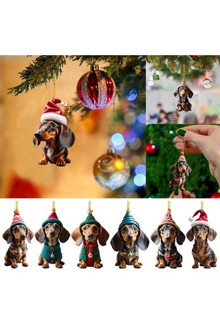 Gajeena 7'li Akrilik Sosis Köpek Figürleri - Noel Ağacı Ve Araç Dekorasyonu - Renkli Ve Eğlenceli Noel Askılarını Seti