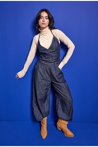 Kadın 7w6-50 Boyundan Askılı %100 Koton Denim Tulum Lacivert