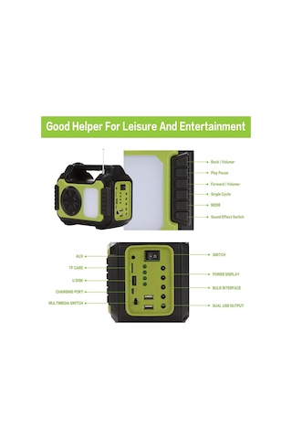 Gd-8072 Bluetooth Hoparlör Solar Güneş Enerjili Kamp Lambası Sd Kart Usb Girişli Fm Radyolu Mp3 Çalar Powerbank Özellikli Solar Sistem Siyah