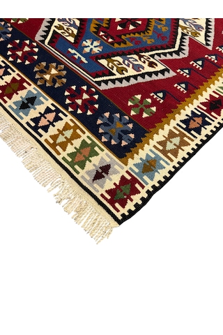 El Dokuma Sıfır Yahyalı Kilim 100x165 Kırmızı Mavi %100 Yün Kök Boya Mavi
