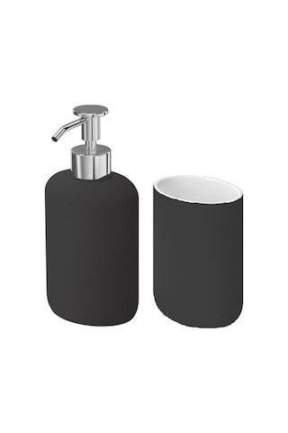 2 Li Banyo Seti Ekoln Sıvı Sabunluk Diş Fırçalık Koyu Gri Renk Stoneware Koyu Gri