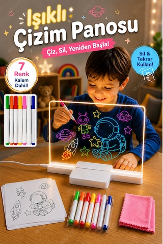Nvg 12 İnç Led Işıklı Çizim Tahtası 20x30 Cm Usb Beslemeli Yazı Panosu Ayarlanabilir Stant 7 Renk Kalem Hediyeli Eğitici Oyuncak Şeffaf