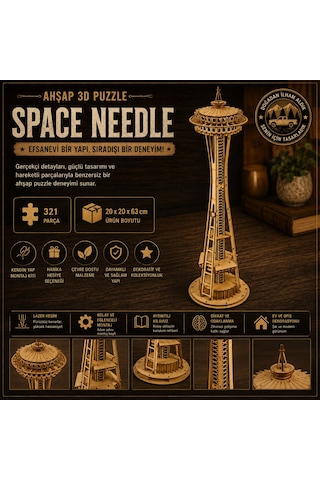 Space Needle Ahşap Maket Seti Dıy 3d Puzzle Seattle Kulesi Koleksiyoner Modeli 321 Parça