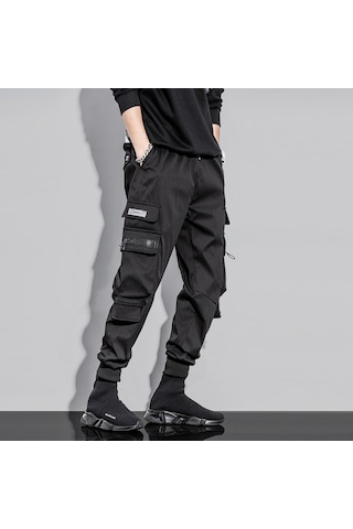 Sones Erkek Bağcıklı Pantolon Bol Kesim Pantolon Çoklu Cepli Siyah