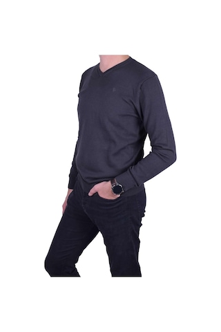 Erkek V Yaka Triko Kazak Füme Regular Fit Pamuklu, Ot-Kzk-20005 Füme