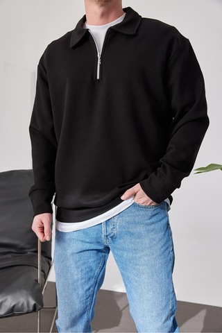Prtnc Protonic Erkek Polo Yaka Oversize Siyah Sweatshirt Yarım Fermuar Sweatshirt Siyah