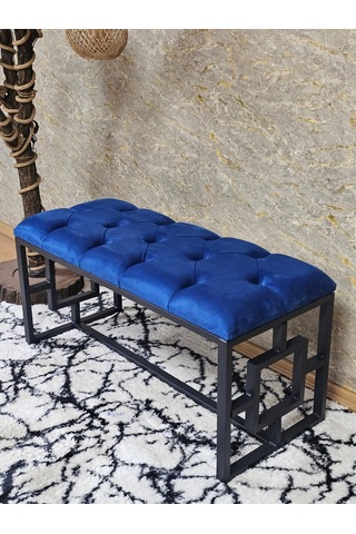 Zafir Siyah Boyalı İçi Kareli Diktörtgen 100 Cm X 40 Cm Oturak Puf - Bench - Makyaj Oturağı - Oturak Mavi