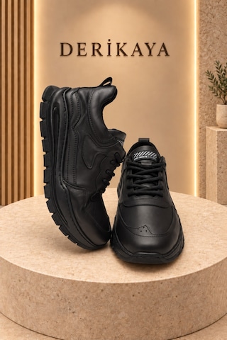 Deri Kaya Erkek Kalın Taban Bağcıklı Günlük Sneaker Spor Ayakkabı Siyah