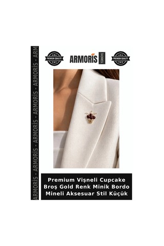 Premium Vişneli Cupcake Broş Gold Renk Minik Bordo Mineli Aksesuar Stil Küçük