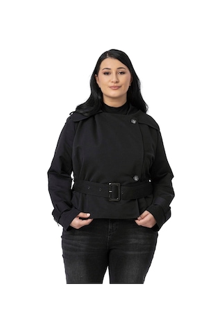 Büyük Beden Mono Yaka Kemerli Astarlı Kısa Siyah Trençkot Siyah