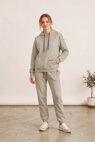 Moibody Kadın 3 İplik Şardonlu Eşofman Takımı Premium Kapüşonlu Sweatshirt Ve Jogger Alt Bej Bej