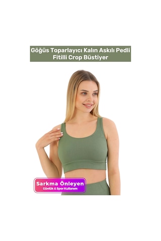 Fantazer Premium Göğüs Toparlayıcı Sarkma Önleyen Spor Günlük Kalın Askılı Pedli Fitilli Crop Büstiyer Yeşil