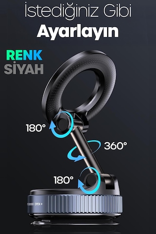 Magnetpro 360 Ayarlanabilir Araç İçi Masa Üstü Vakumlu Mıknatıslı Magsafe Telefon Tutucu Siyah Siyah