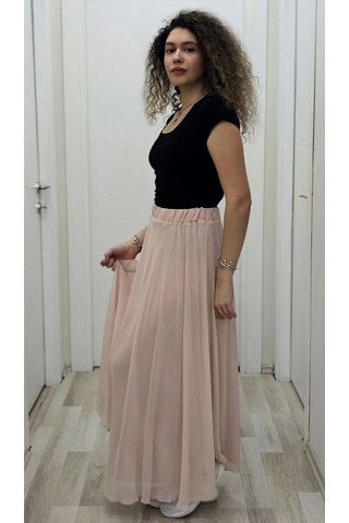 Bel Lastikli Kloş Şifon Etek 6003-pudra Pudra