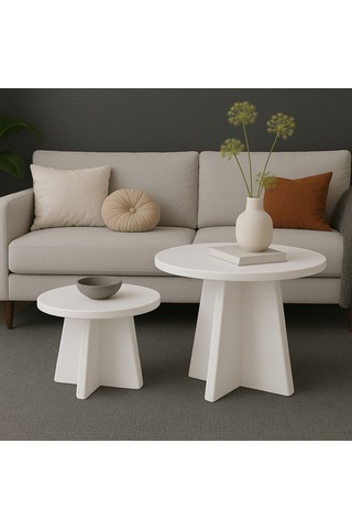 Luna Model 2 Li Orta Sehpa Seti, 58 Cm, 40 Cm Çaplı, Yükseklik 39 Cm, 46 Cm İskandinav Stil Beyaz