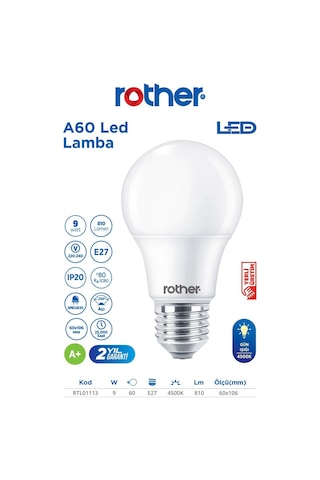 Rtl01113 Rother A60 Led Ampul 9w E27 810 Lümen 4000k Gün Işığı - Enerji Tasarruflu Ampul