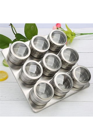 Paslanmaz Çelik Masa Üstü 9Lu Mıknatıslı Baharatlık Takımı Cin220 Gri