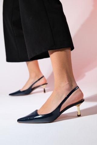 Luvishoes Marten Laci Cilt Kadın Sivri Burun Arkası Açık İnce Topuklu Ayakkabı Lacivert