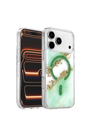 Onegif Apple Apple iPhone Uyumlu 17 Pro Max/18 Pro Max Lotus Simli Magsafe Kapak - Yeşil Düz Renkli