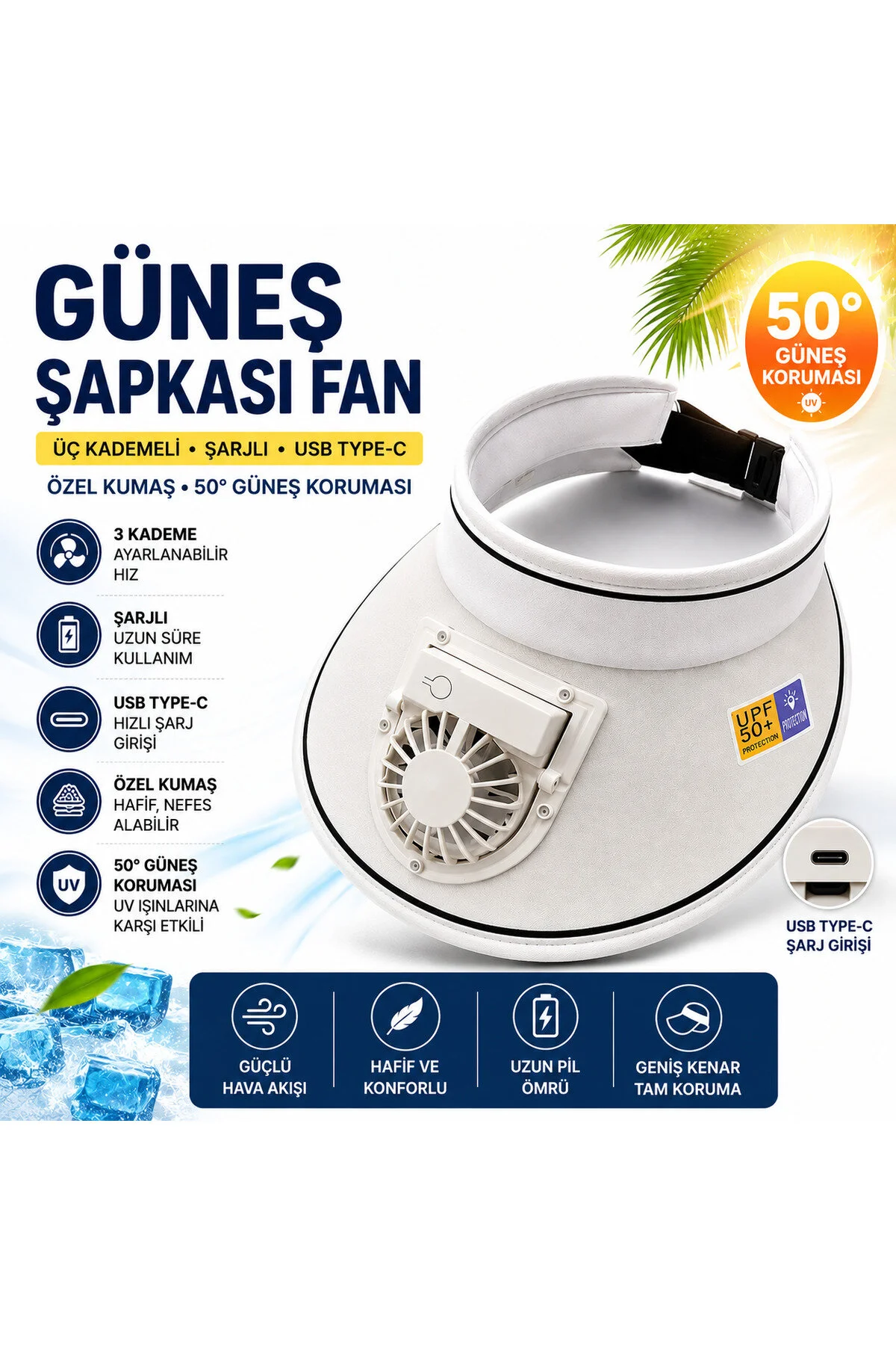 Senbang Şarjlı Güneş Şapkası Fan Usb Type-c 3 Kademeli Soğutucu Vizör Şapka Upf 50+ Uv Korumalı Beyaz