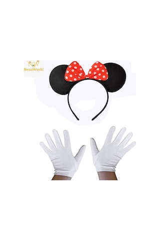 Kırmızı Fiyonklu Minnie Mouse Tacı Ve Beyaz Eldiven Seti - Özel Seri E049-g009-f031 Çocuk