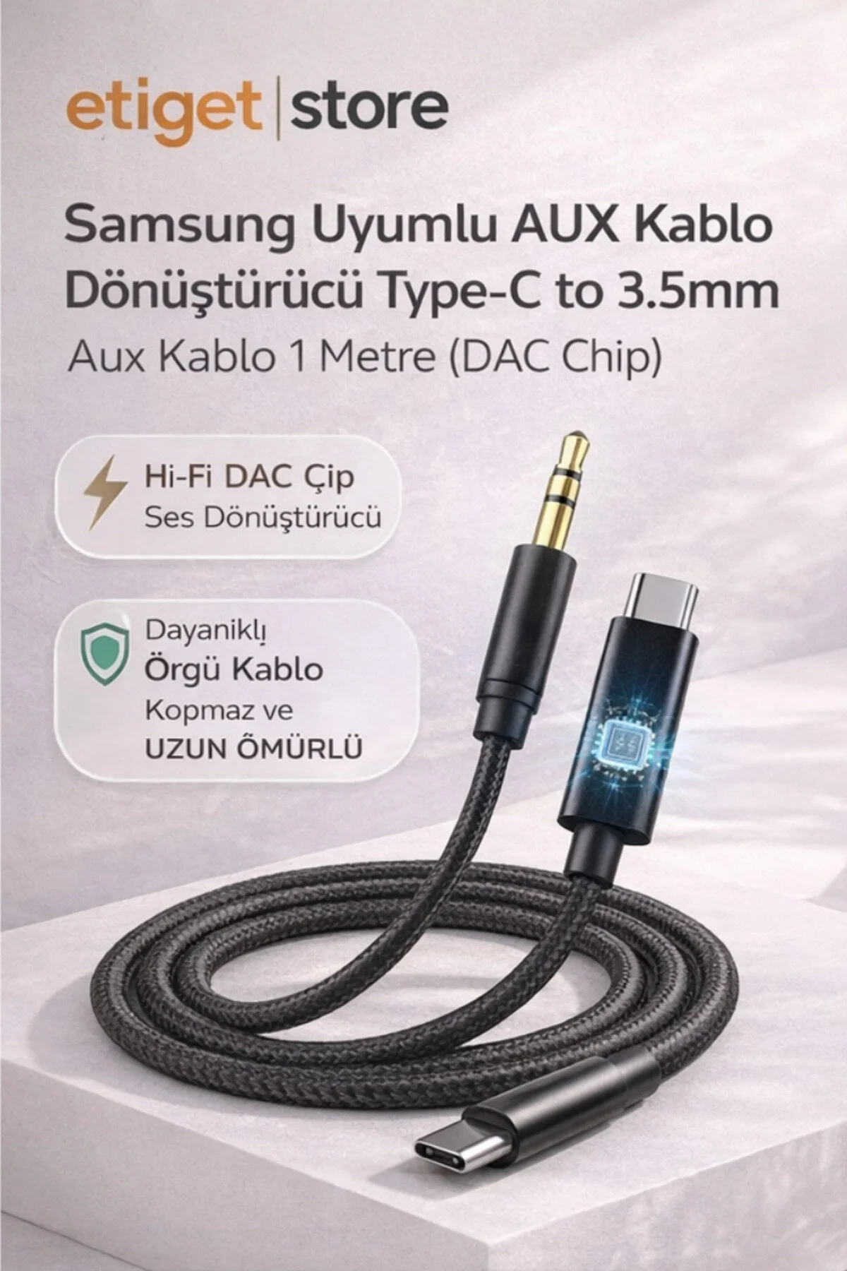 Aux Kablo Dönüştürücü Type-c To 3.5mm Aux Kablo 1 Metre Dac Chip Siyah