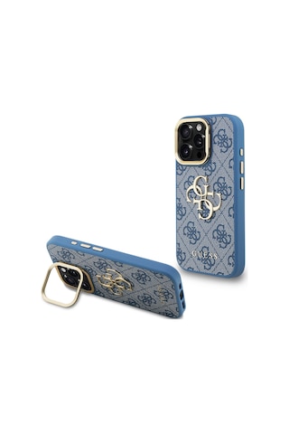 Apple Uyumlu iPhone 15 Pro Max Kılıf Guess Lisanslı Metal 4g Ve Yazı Logolu Kamera Standlı Kapak Mavi