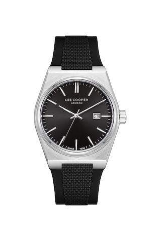Lee Cooper Siyah Silikon Kayış Siyah Kadran 40 Mm Yuvarlak Erkek Kol Saati, Bileklik Hediyeli Gümüş