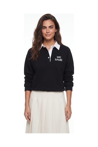 Onloox Kadın Siyah Siyah Pamuklu Karışımlı Polo Yaka Üç İplik Şardonlu Nakış Detaylı Sweatshirt