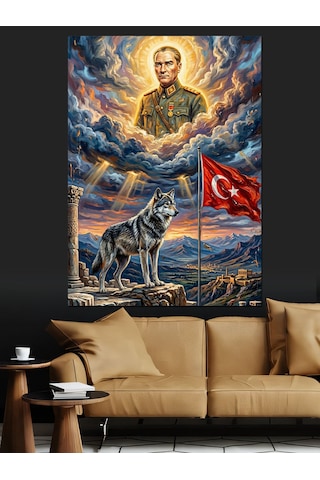 Atatürk'ün Bozkurtla Birlikte Portresi Dekoratif Kanvas - Mdf Ahşap Tablo