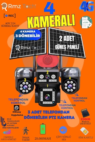 Avenir RMZ-TECH 4 Kameralı (3 Motorlu+ 1 Sabit) E Sim 12MP 4G Sim Kartlı Solar Kamera Gece Renkli Görüş