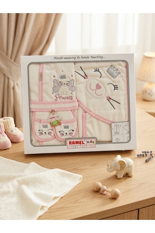 Ramel Premium Kedi Nakışlı Pamuklu Bebek Bornoz Seti 0-3 Ay Kapüşonlu Havlulu 4'lü Banyo Takımı 0 - 3 Ay
