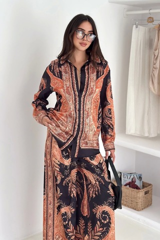 Saten Kumaş Desenli Alt-üst Takım Kahverengi