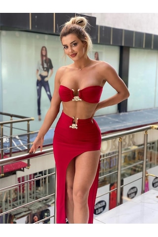 Pink Life Kırmızı Tokalı Etekli İkili Takım Kırmızı