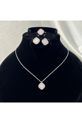Van Cleef Yonca Pembe Taşlı Kadın 3'lü Seti 925 Ayar Gümüş Radyumlu 6 Mm Gümüş