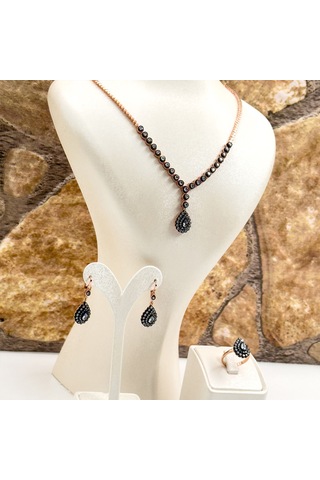 Elmas Montür Rosegold Damla Gümüş Set Takım - Lvrset11 Rose Gold