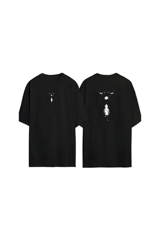 Thewert Unisex Balonlu Çocuk Ön Arka Baskılı Sıyah Oversize T-shirt Siyah