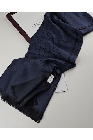 Miorel Scarfs İnce Kumaş G Desen Pamuklu Şal Yün İpek Şal 4 Mevsim Çift Taraflı Lacivert