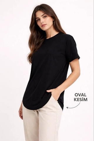 Butik İstanbul Basic T-shirt Kısa Kol Bisiklet Yaka Oval Kesim Tişört - Siyah