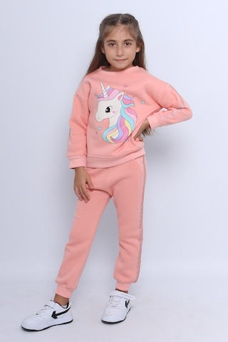 Kız Çocuk 3 İplik Eşofman Takımı Unicorn Baskılı Şeritli C25 Somon