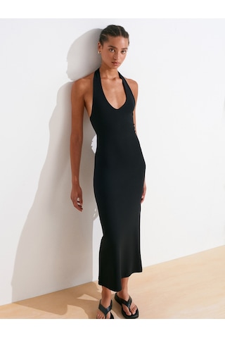Dilvin 91476 Halter Yaka Midi Elbise-siyah Siyah