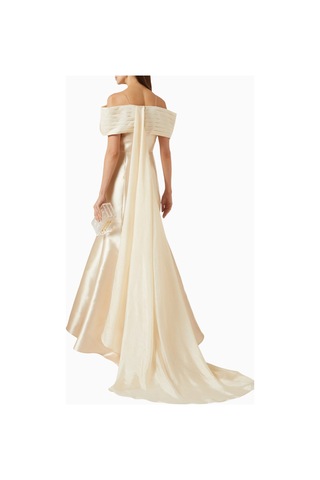 Ac By Aanchal Chanda Embellished Off - Shoulder Omuz Açık Saten Balık Form Kadın Elbise Bej