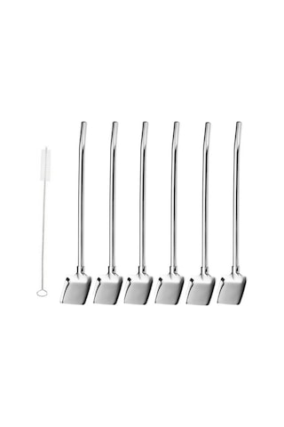 6'lı Paslanmaz Krom Pipetli Latte Kaşığı Kokteyl Kaşığı Ve Temizleme Fırçası, 22 Cm Kürek Model Gümüş