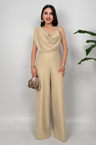 Élan Kadın Taş Drapeli Detaylı Tulum Dokulu Kumaş Şıklığı Taş