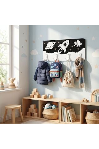 Premium Montessori Katmanlı Çocuk Odası Askılığı - Özgüven Destekleyici Özel Tasarım Siyah - Beyaz