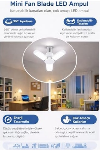 3 Kollu Katlanabilir Led Tavan Ampulü E27 Duy Uyumlu Yüksek Parlaklık Enerji Tasarruflu Modern Tavan Aydınlatma Armatürü Ev Ofis Yatak Odası Salon İçin