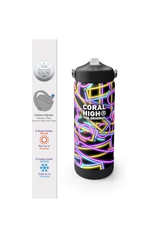 Coral High Siyah Renkli Neon Desenli Katlanır Ağızlıklı Çelik Termos 650 Ml 38330 Siyah