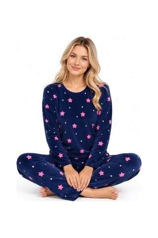 Sleeeproom Kadın Süet Mevsimlik Yıldız Desen Lacivert Pijama Takımı