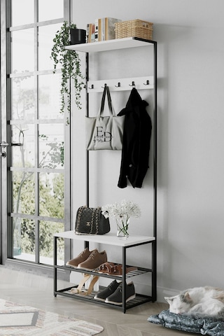 Ruby Vestiyer , Portmanto , Askılık , 3 Raflı Ayakkabılık , Siyah Metal - Beyaz Tabla